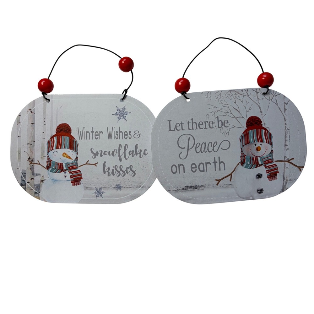 Set of 2 Snowman Christmas Hanging Signs Winter Wishes Peace on Earth C22244